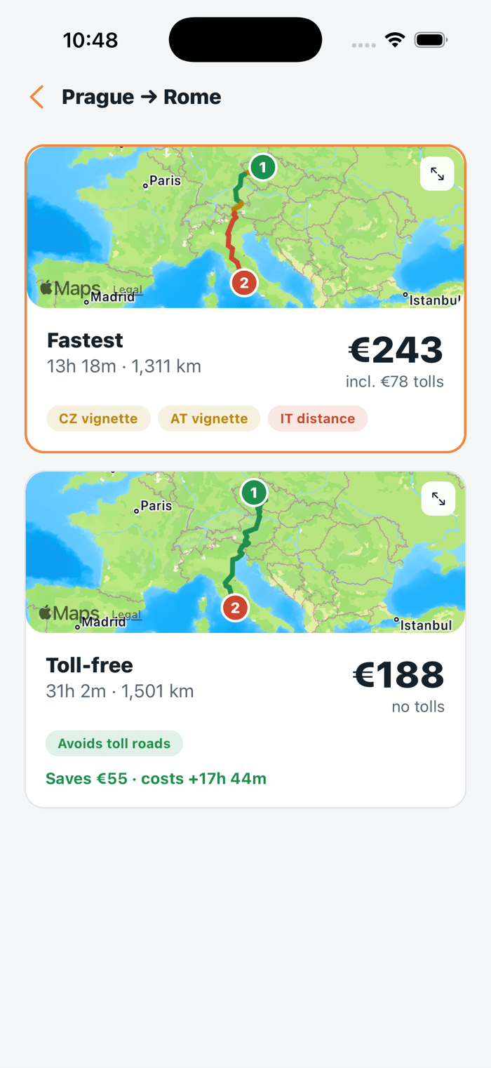 Comparing the fastest and toll-free routes from Prague to Rome